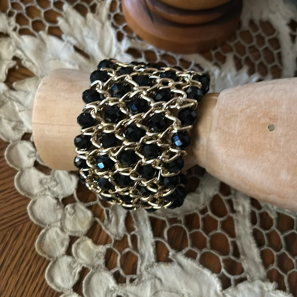 Gold Chain & Black Bead Elastic Statement Bracelet